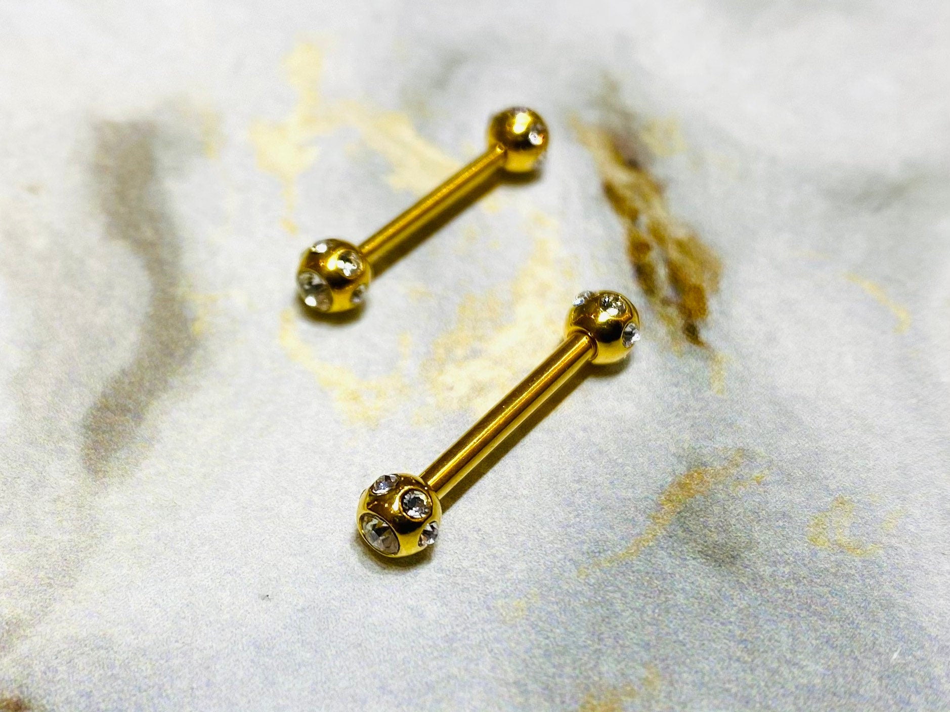 Pair of 14G Gold Nipple Barbells with Clear Stone Balls. Nipple Rings. Nipple Jewelry. Nipple Piercing.