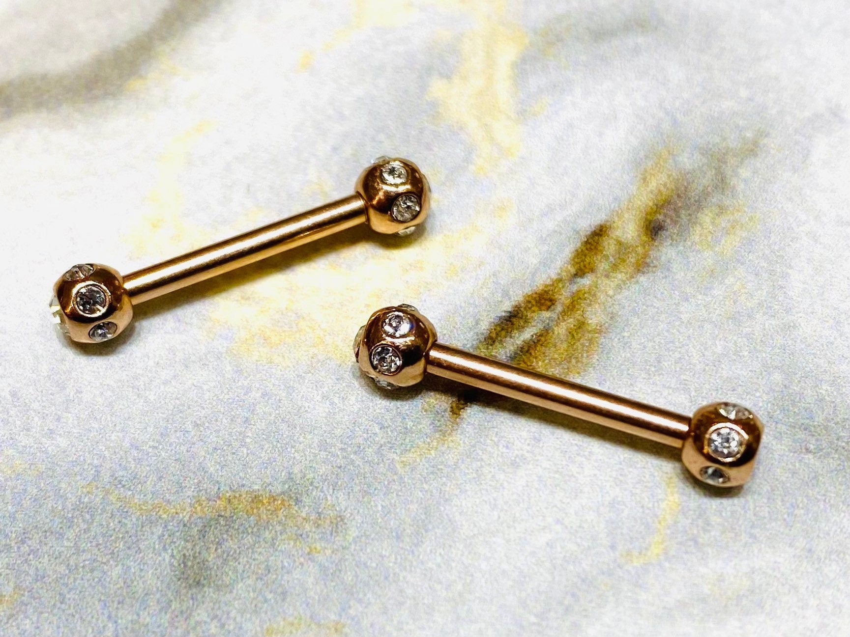 Pair of 14G Rose Gold Nipple Barbells with Clear Stone Balls. Nipple Rings. Nipple Jewelry. Nipple Piercing.