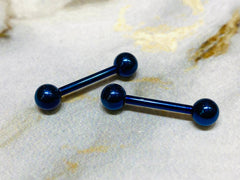 Pair of 14G Internally Threaded Implant Grade Titanium Plain Blue 12mm & 16mm Nipple Barbells. Nipple Rings. Nipple Jewelry. Nipple Piercing