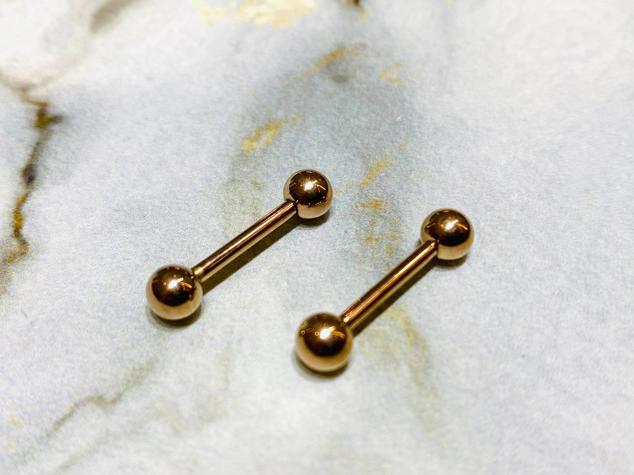 Pair of 14G Internally Threaded Implant Grade Titanium Rose Gold 12mm & 16mm Nipple Barbells. Nipple Rings. Nipple Jewelry. Nipple Piercing