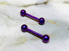 Pair of 14G Internally Threaded Implant Grade Titanium Purple 12mm & 16mm Nipple Barbells. Nipple Rings. Nipple Jewelry. Nipple Piercing.