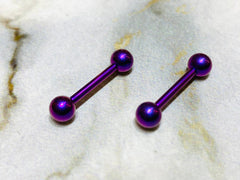 Pair of 14G Internally Threaded Implant Grade Titanium Purple 12mm & 16mm Nipple Barbells. Nipple Rings. Nipple Jewelry. Nipple Piercing.