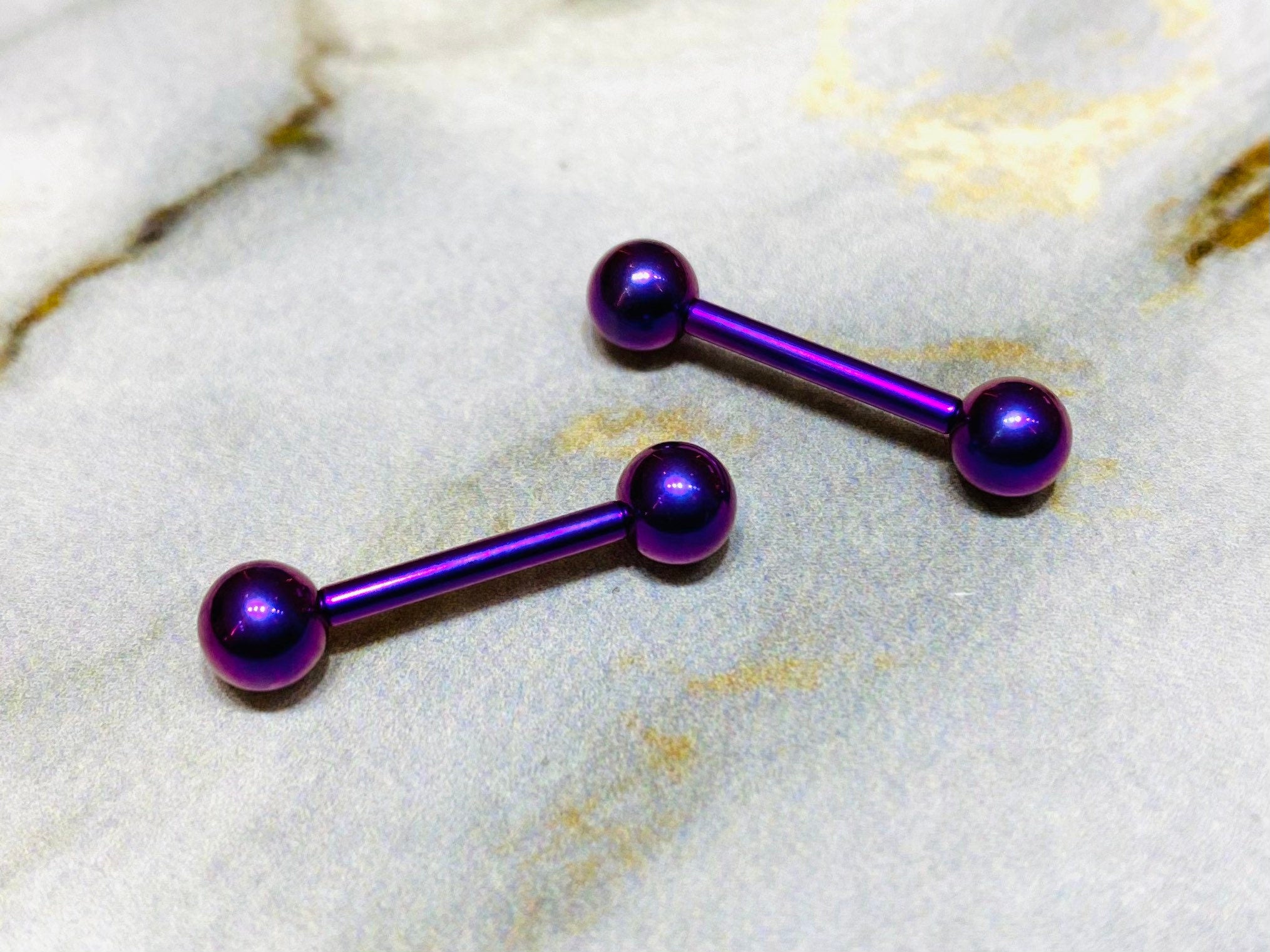 Pair of 14G Internally Threaded Implant Grade Titanium Purple 12mm & 16mm Nipple Barbells. Nipple Rings. Nipple Jewelry. Nipple Piercing.