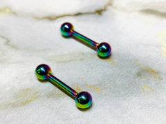 Pair of 14G Internally Threaded Implant Grade Titanium Rainbow 12mm & 16mm Nipple Barbells. Nipple Rings. Nipple Jewelry. Nipple Piercing.