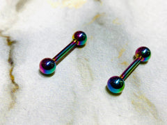 Pair of 14G Internally Threaded Implant Grade Titanium Rainbow 12mm & 16mm Nipple Barbells. Nipple Rings. Nipple Jewelry. Nipple Piercing.