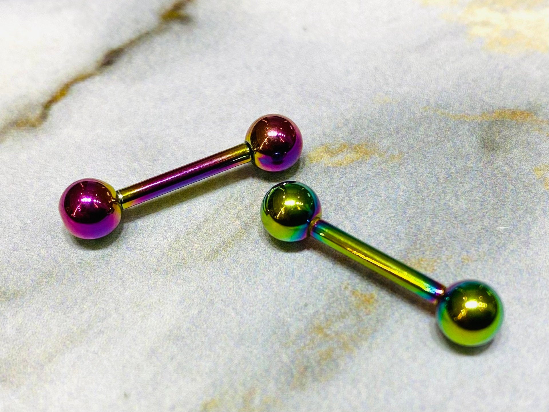 Pair of 14G Internally Threaded Implant Grade Titanium Rainbow 12mm & 16mm Nipple Barbells. Nipple Rings. Nipple Jewelry. Nipple Piercing.