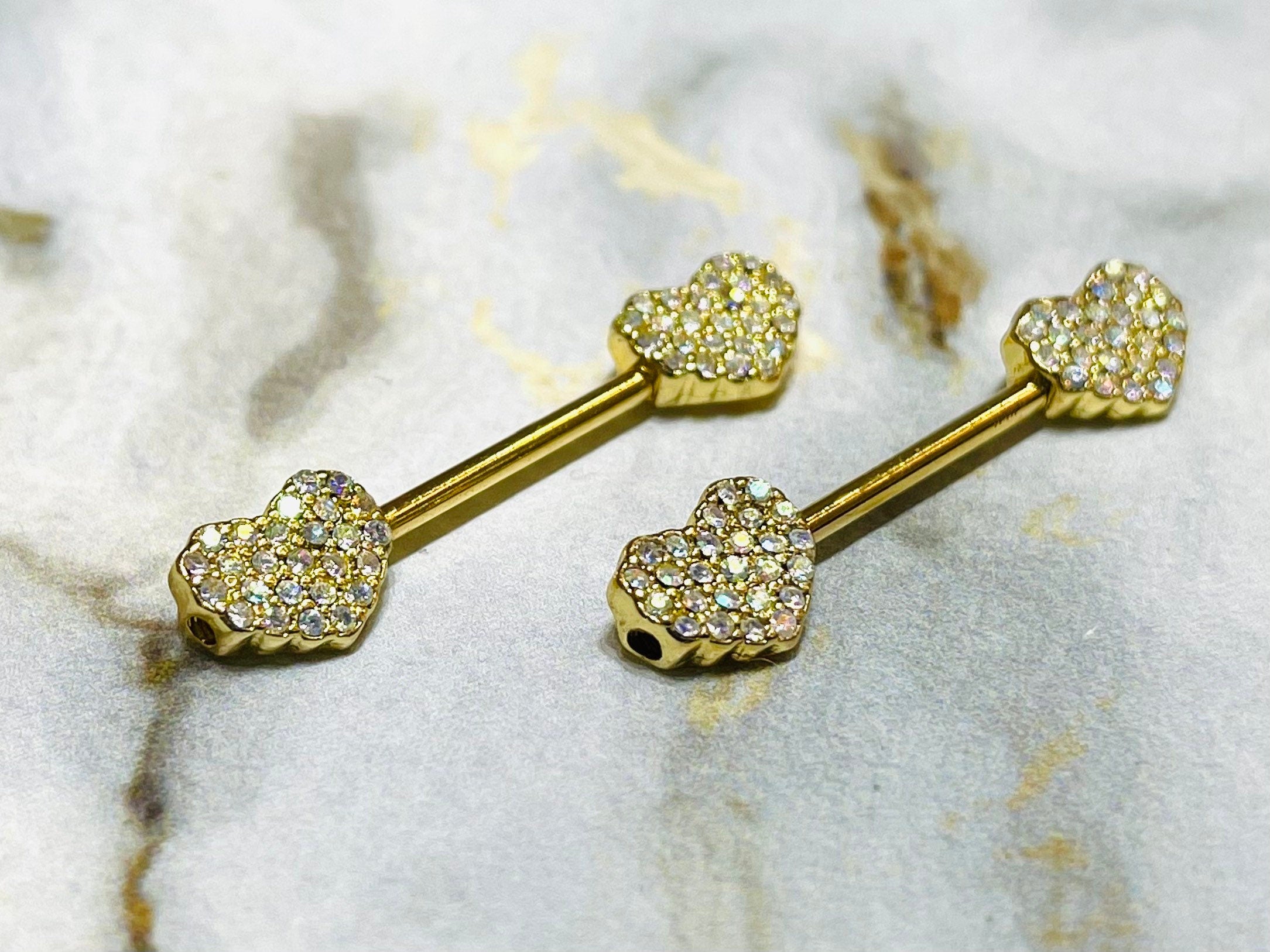 Pair of 14G Gold Sparkling Multicolor Stones Heart Shape Nipple Barbells. Nipple Rings. Nipple Piercing. Nipple Jewelry