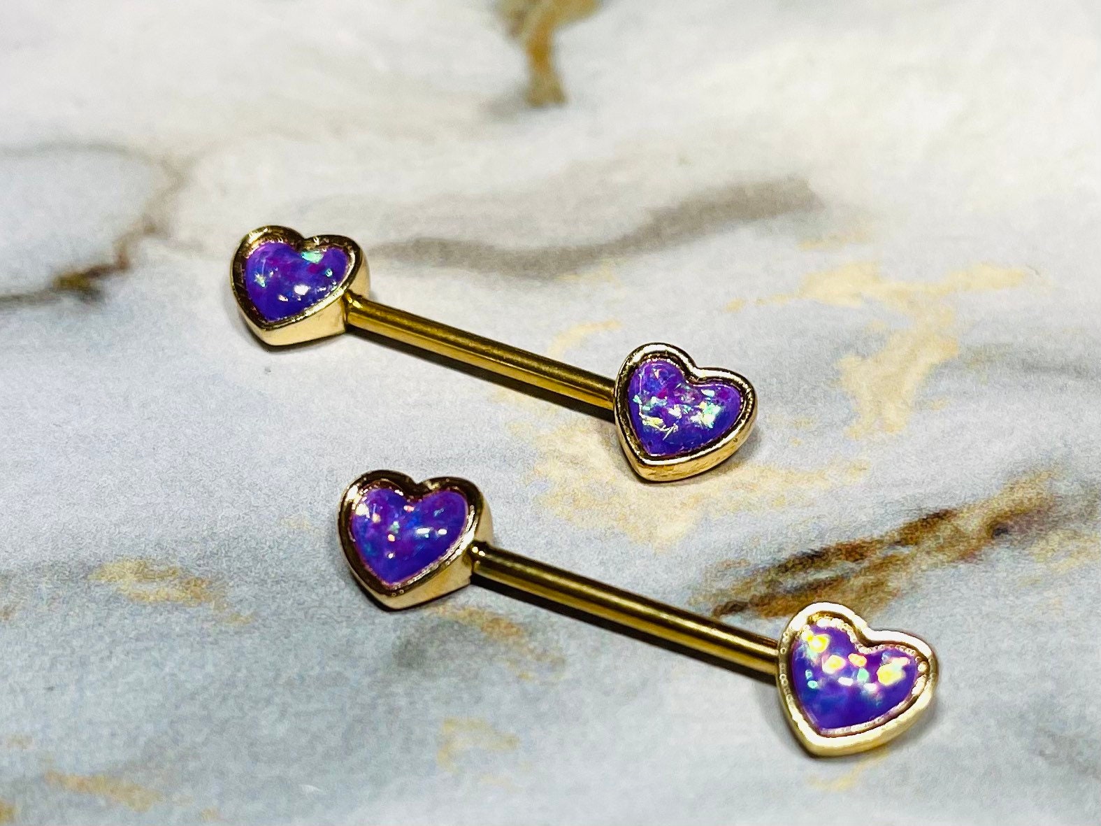 Pair of 14G Gold Opal Glitter Hearts Nipple Barbells. Nipple Piercing. Nipple Rings. Nipple Jewelry