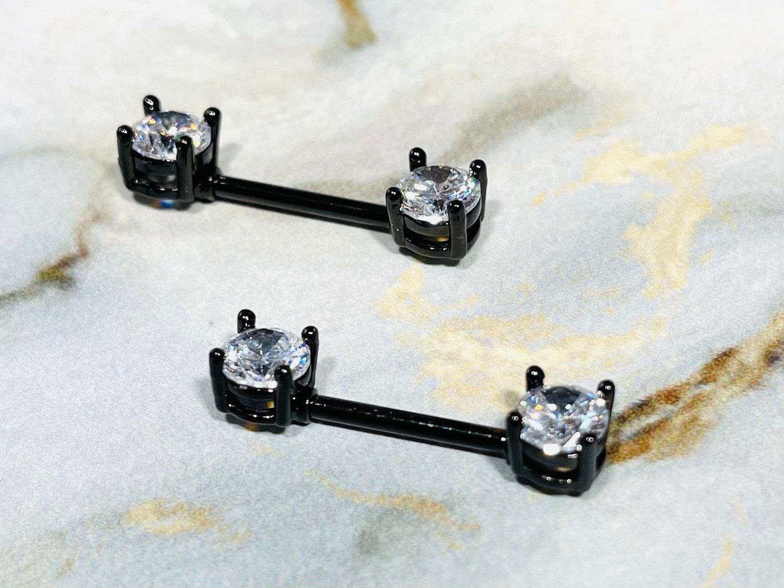 Pair of 14G Prong Set Black with Sparkling 6mm Clear Gem Ends Nipple Barbells. Nipple Rings. Nipple Piercing. Nipple Jewelry