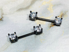 Pair of 14G Prong Set Black with Sparkling 6mm Clear Gem Ends Nipple Barbells. Nipple Rings. Nipple Piercing. Nipple Jewelry