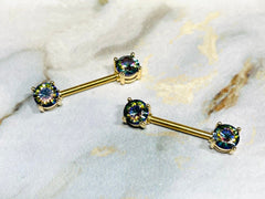 Pair of 14G Prong Set Hold with Sparkling 6mm Multicolor Gem Ends Nipple Barbells. Nipple Rings. Nipple Piercing. Nipple Jewelry