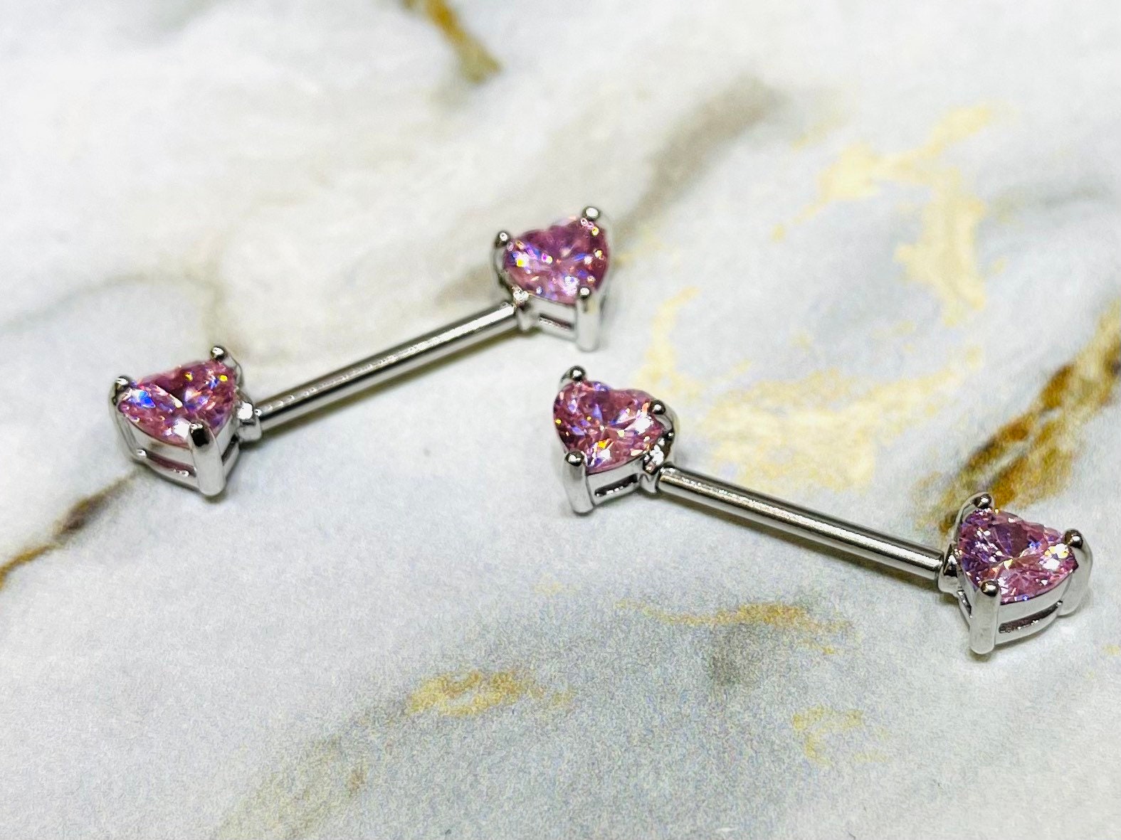 Pair of 14G Prong Set Silver Pink Heart Shape Nipple Barbells. Nipple Piercings. Nipple Rings. Nipple Jewelry