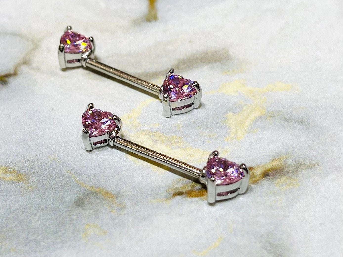 Pair of 14G Prong Set Silver Pink Heart Shape Nipple Barbells. Nipple Piercings. Nipple Rings. Nipple Jewelry