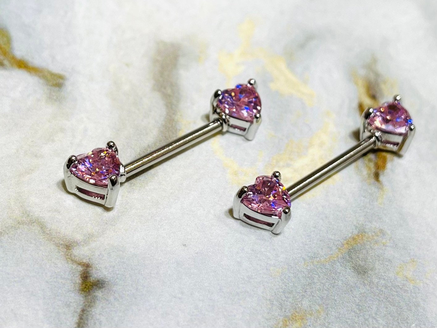 Pair of 14G Prong Set Silver Pink Heart Shape Nipple Barbells. Nipple Piercings. Nipple Rings. Nipple Jewelry