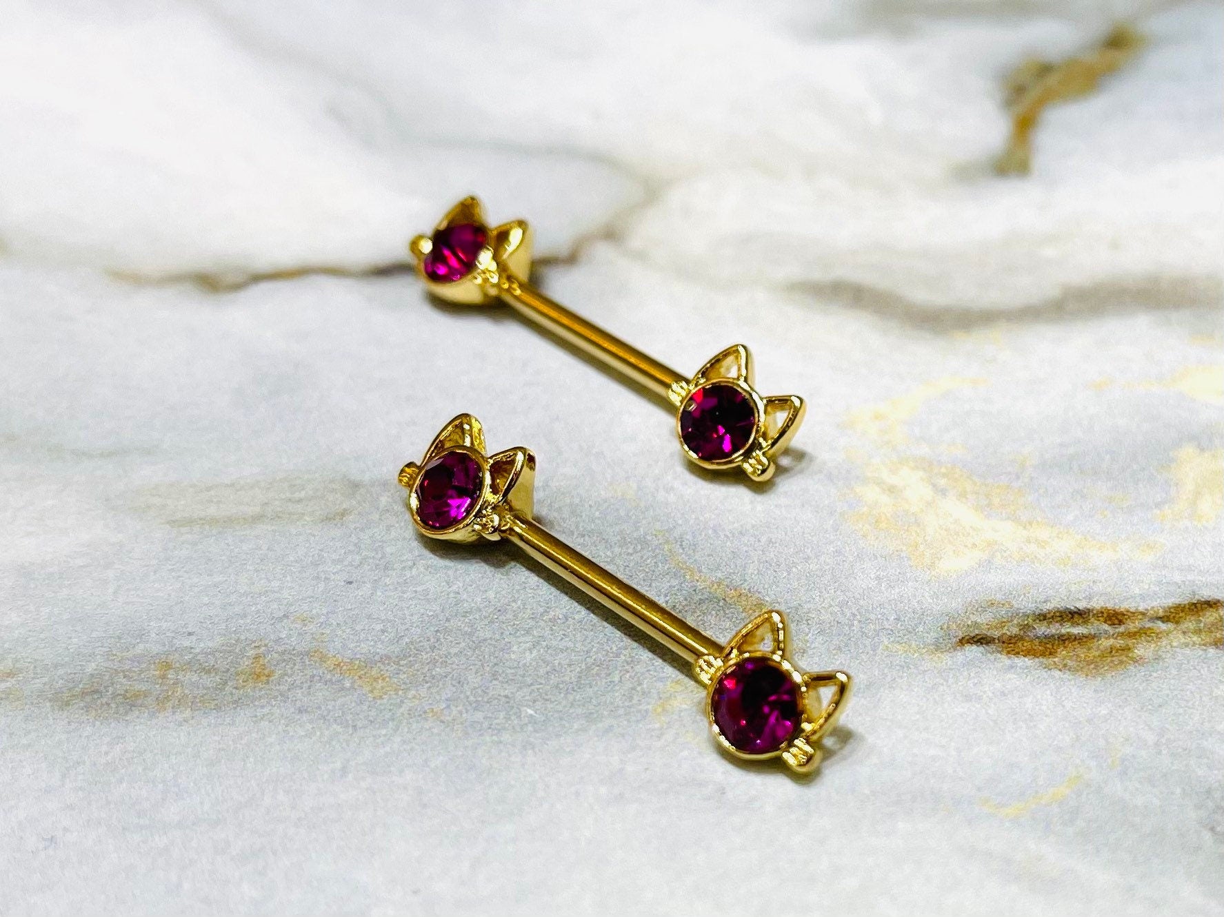 Pair of 14G Gold Kitty with Hot Pink Center Stone Nipple Barbells. Nipple Rings. Nipple Jewelry