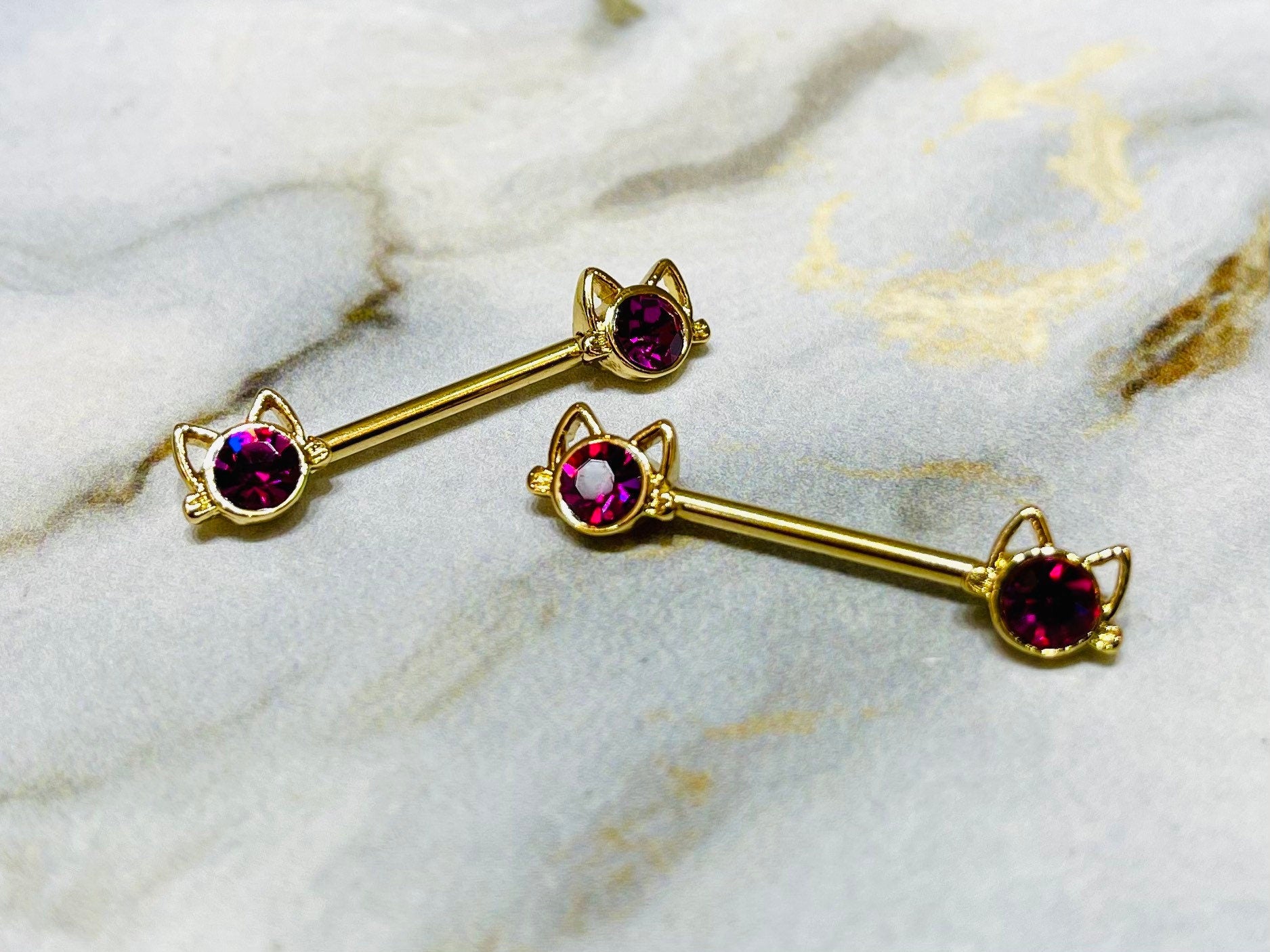 Pair of 14G Gold Kitty with Hot Pink Center Stone Nipple Barbells. Nipple Rings. Nipple Jewelry