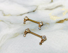 Pair of 14G Rose Gold Bezel Set Dangle Drop Nipple Barbells. Nipple Rings. Nipple Piercing. Nipple Jewelry.