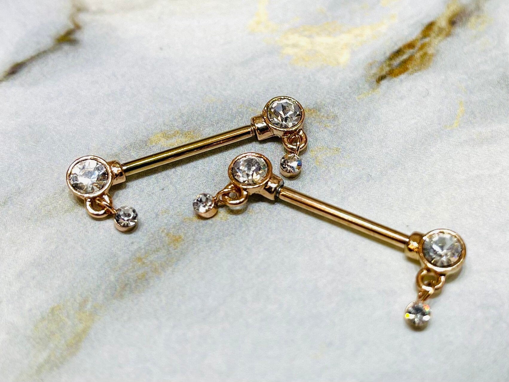 Pair of 14G Rose Gold Bezel Set Dangle Drop Nipple Barbells. Nipple Rings. Nipple Piercing. Nipple Jewelry.