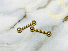 Pair of 14G Gold Bezel Clear Stone Nipple Barbells. Nipple Rings. Nipple Piercing. Nipple Jewelry.