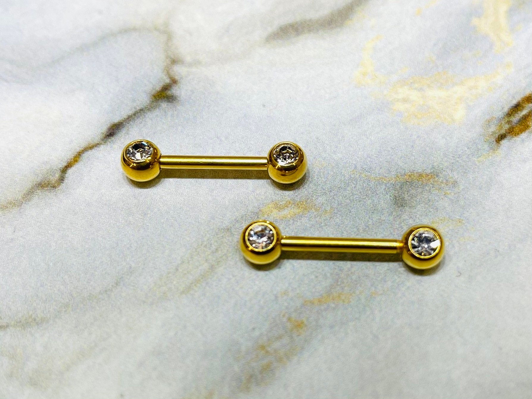 Pair of 14G Gold Bezel Clear Stone Nipple Barbells. Nipple Rings. Nipple Piercing. Nipple Jewelry.