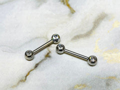 Pair of 14G Silver Bezel Clear Stone Nipple Barbells. Nipple Rings. Nipple Piercing. Nipple Jewelry.