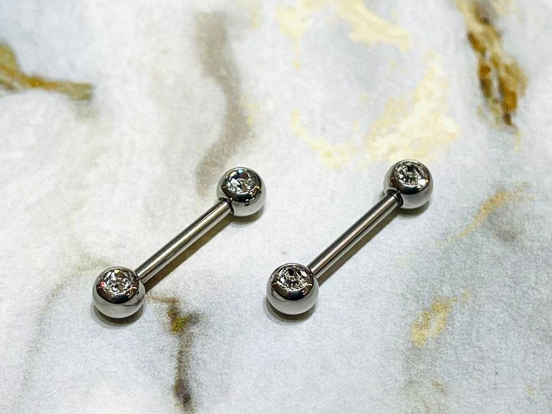 Pair of 14G Silver Bezel Clear Stone Nipple Barbells. Nipple Rings. Nipple Piercing. Nipple Jewelry.