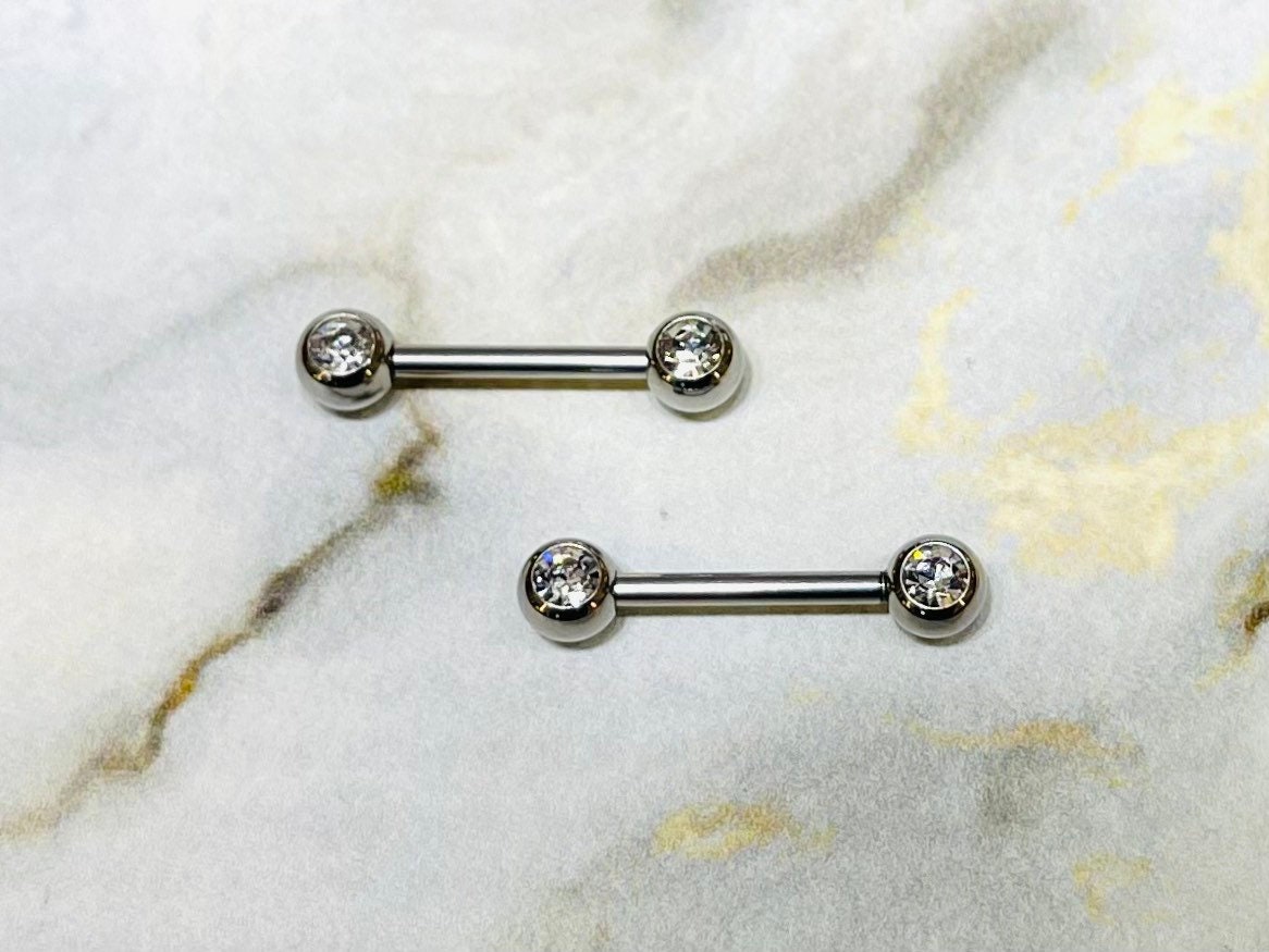 Pair of 14G Silver Bezel Clear Stone Nipple Barbells. Nipple Rings. Nipple Piercing. Nipple Jewelry.