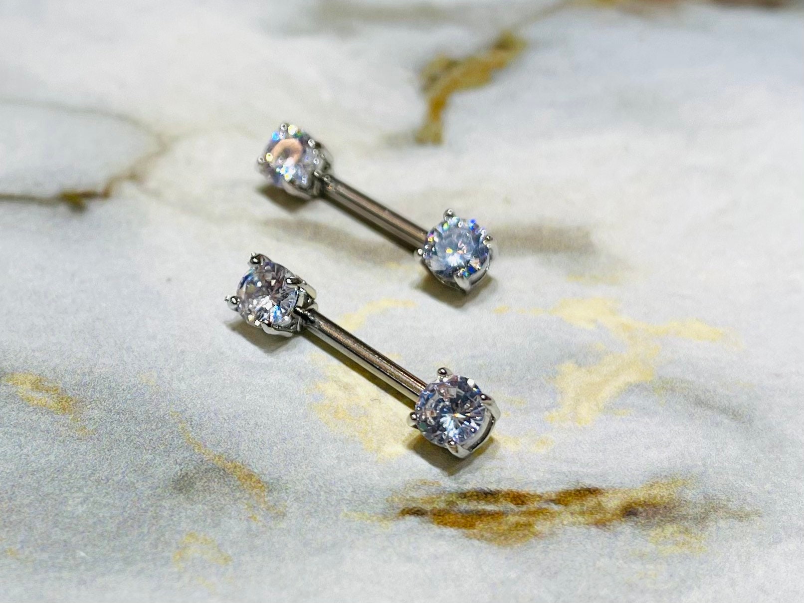 Pair of 14G Silver Prong Set Sparkling 7mm Stone Nipple Barbells. Nipple Rings. Nipple Piercing. Nipple Jewelry