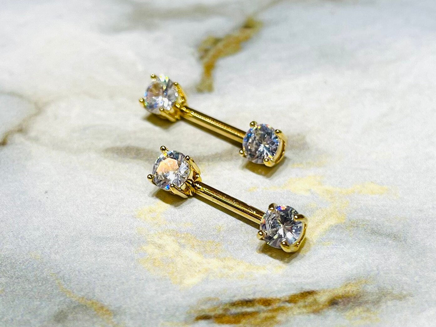 Pair of 14G Gold Prong Setting Sparkling 7mm Stone Nipple Barbells. Nipple Rings. Nipple Piercing. Nipple Jewelry