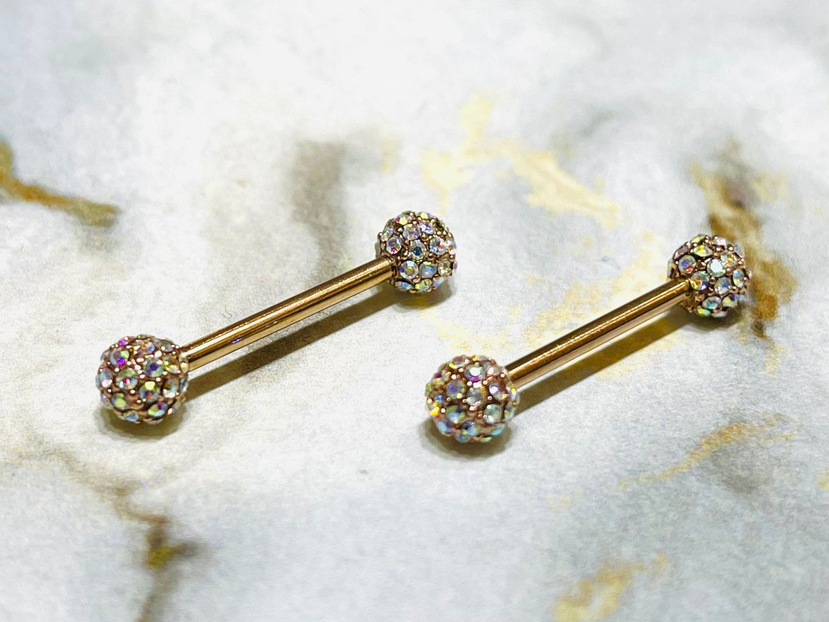 A set of Pave Cluster Diamonds Rose Gold Nipple Barbell. Nipple Rings. Nipple Piercing. Nipple Jewelry.