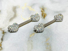 Pair of 14G Silver Sparkling Multicolor Stones Heart Shape Nipple Barbells. Nipple Rings. Nipple Piercing. Nipple Jewelry