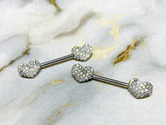 Pair of 14G Silver Sparkling Multicolor Stones Heart Shape Nipple Barbells. Nipple Rings. Nipple Piercing. Nipple Jewelry