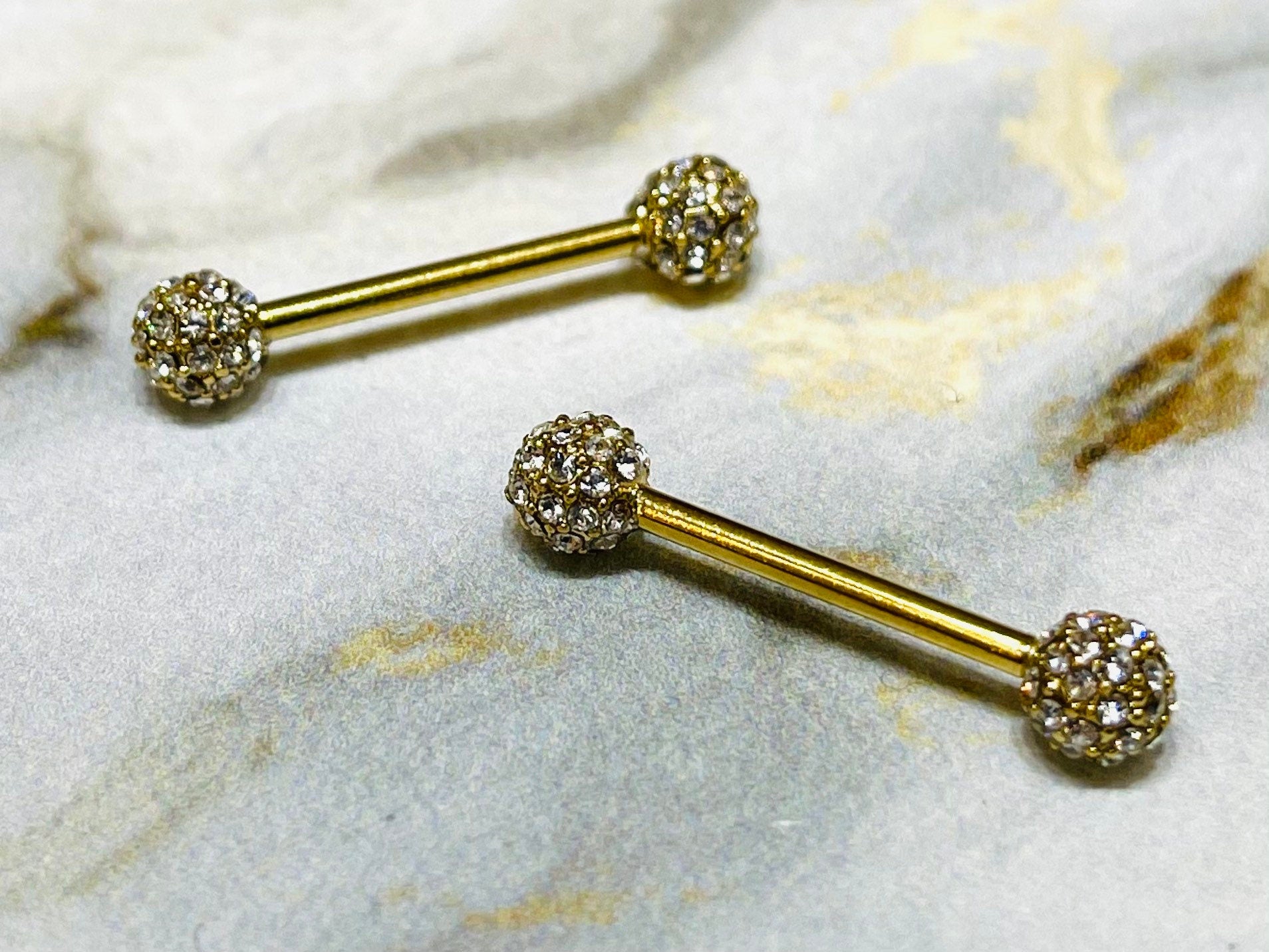 Pair of 14G Gold Cluster Diamonds Nipple Barbell. Nipple Rings. Nipple Piercing. Nipple Jewelry.