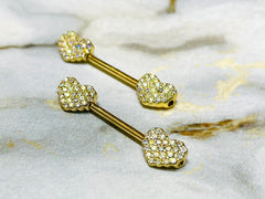 Pair of 14G Gold Sparkling Multicolor Stones Heart Shape Nipple Barbells. Nipple Rings. Nipple Piercing. Nipple Jewelry