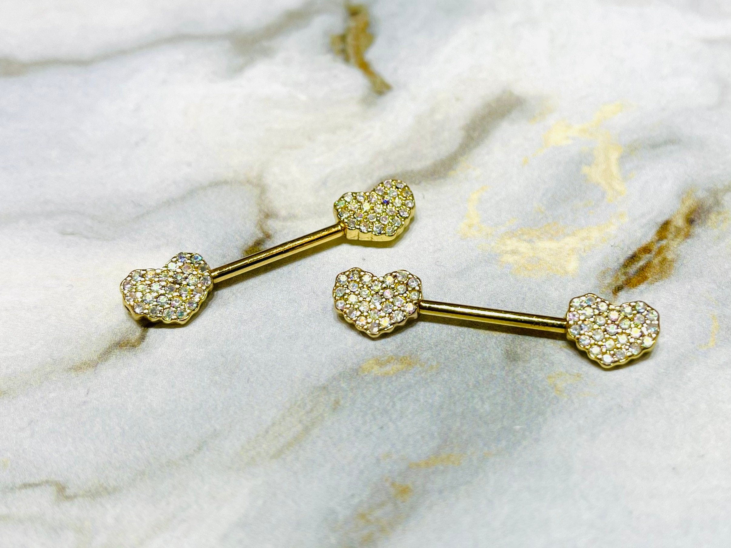 Pair of 14G Gold Sparkling Multicolor Stones Heart Shape Nipple Barbells. Nipple Rings. Nipple Piercing. Nipple Jewelry