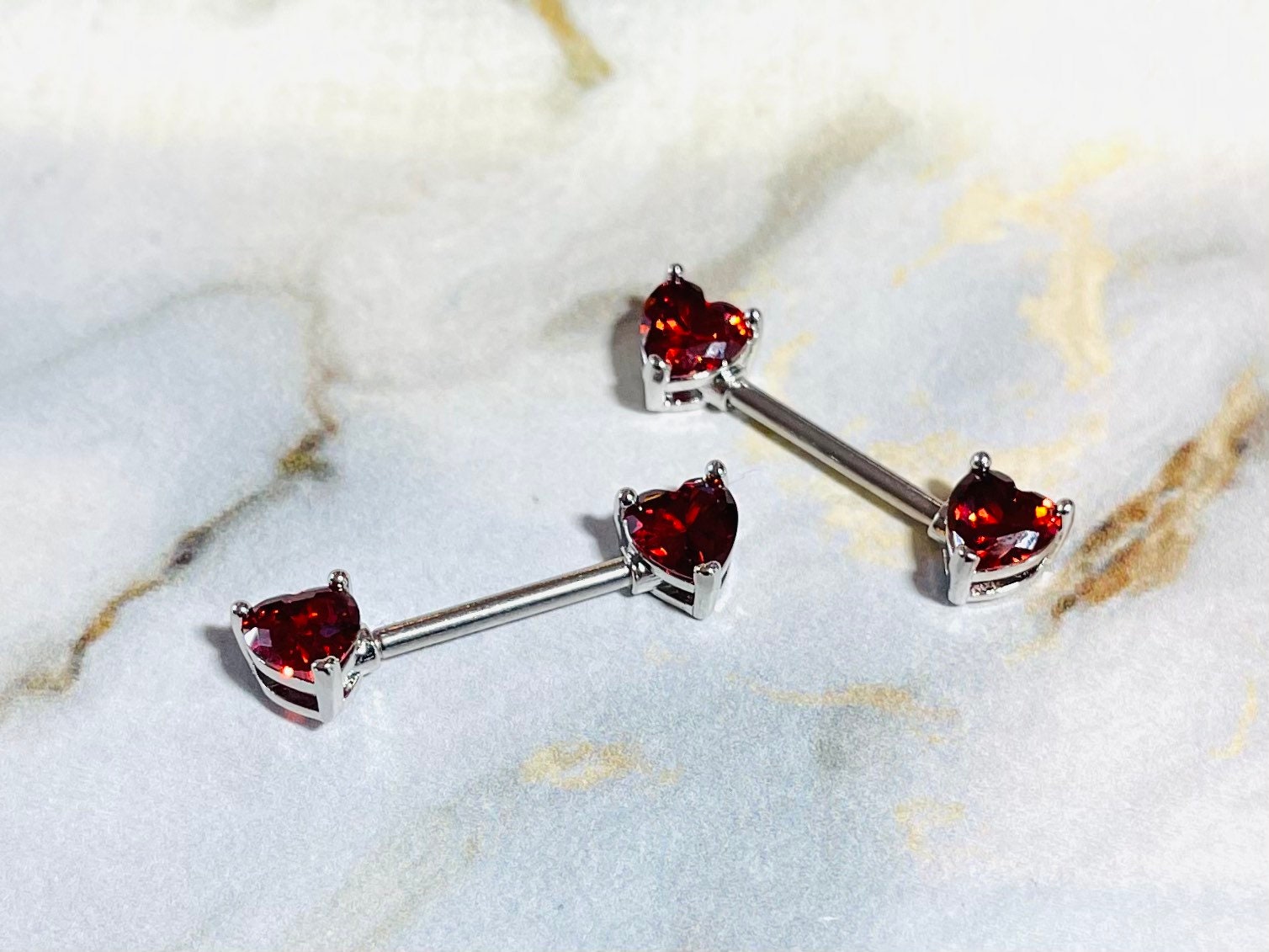 Pair of 14G Prong Set Silver Red Heart Shape Nipple Barbells. Nipple Piercings. Nipple Rings. Nipple Jewelry