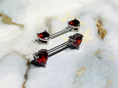 Pair of 14G Prong Set Silver Red Heart Shape Nipple Barbells. Nipple Piercings. Nipple Rings. Nipple Jewelry