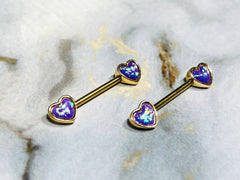 Pair of 14G Gold Opal Glitter Hearts Nipple Barbells. Nipple Piercing. Nipple Rings. Nipple Jewelry