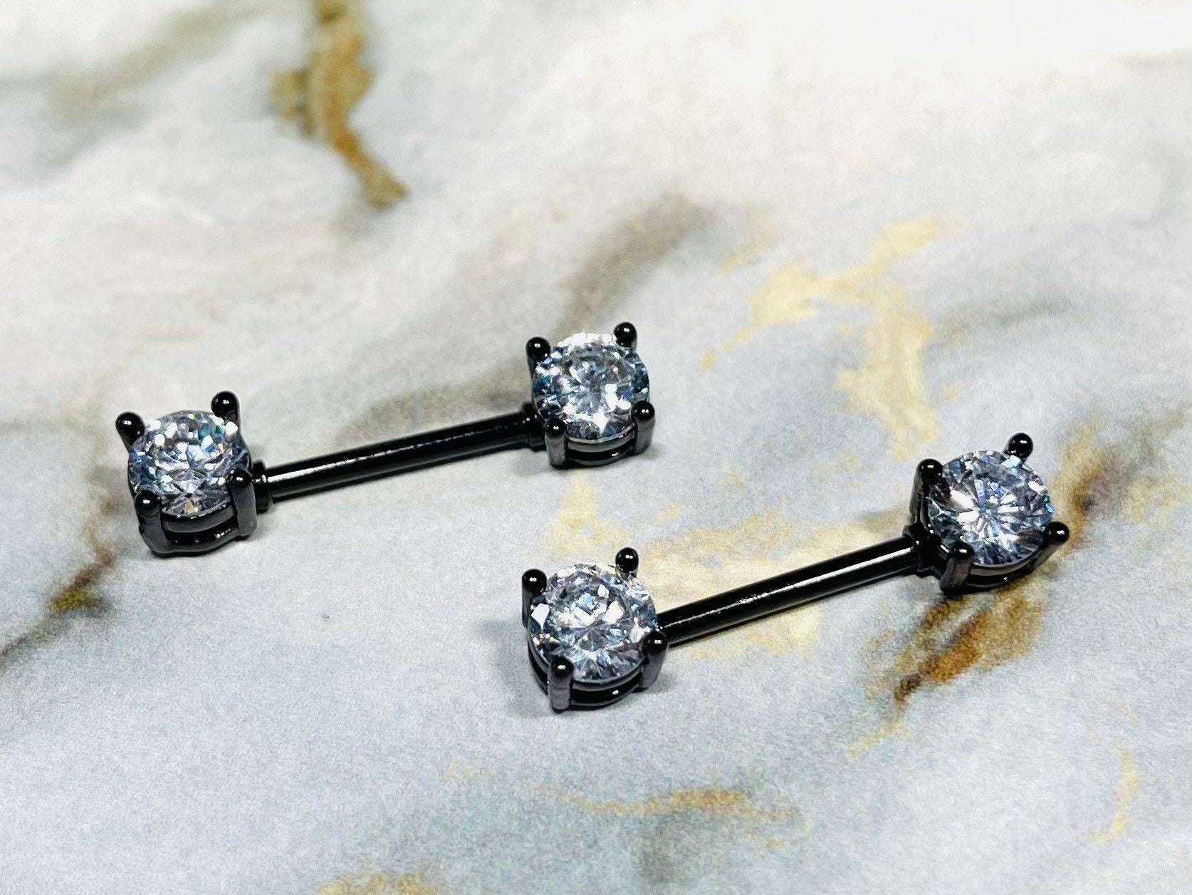 Pair of 14G Prong Set Black with Sparkling 6mm Clear Gem Ends Nipple Barbells. Nipple Rings. Nipple Piercing. Nipple Jewelry