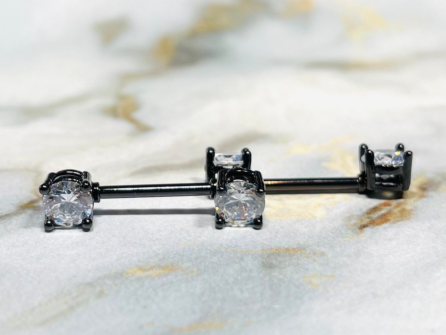 Pair of 14G Prong Set Black with Sparkling 6mm Clear Gem Ends Nipple Barbells. Nipple Rings. Nipple Piercing. Nipple Jewelry