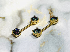 Pair of 14G Prong Set Hold with Sparkling 6mm Multicolor Gem Ends Nipple Barbells. Nipple Rings. Nipple Piercing. Nipple Jewelry