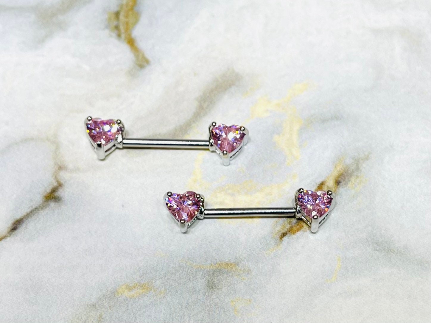 Pair of 14G Prong Set Silver Pink Heart Shape Nipple Barbells. Nipple Piercings. Nipple Rings. Nipple Jewelry