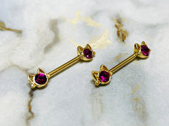 Pair of 14G Gold Kitty with Hot Pink Center Stone Nipple Barbells. Nipple Rings. Nipple Jewelry