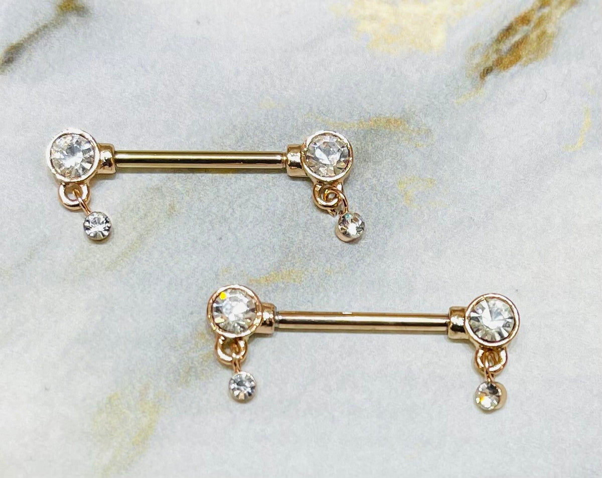 Pair of 14G Rose Gold Bezel Set Dangle Drop Nipple Barbells. Nipple Rings. Nipple Piercing. Nipple Jewelry.