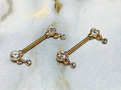 Pair of 14G Rose Gold Bezel Set Dangle Drop Nipple Barbells. Nipple Rings. Nipple Piercing. Nipple Jewelry.