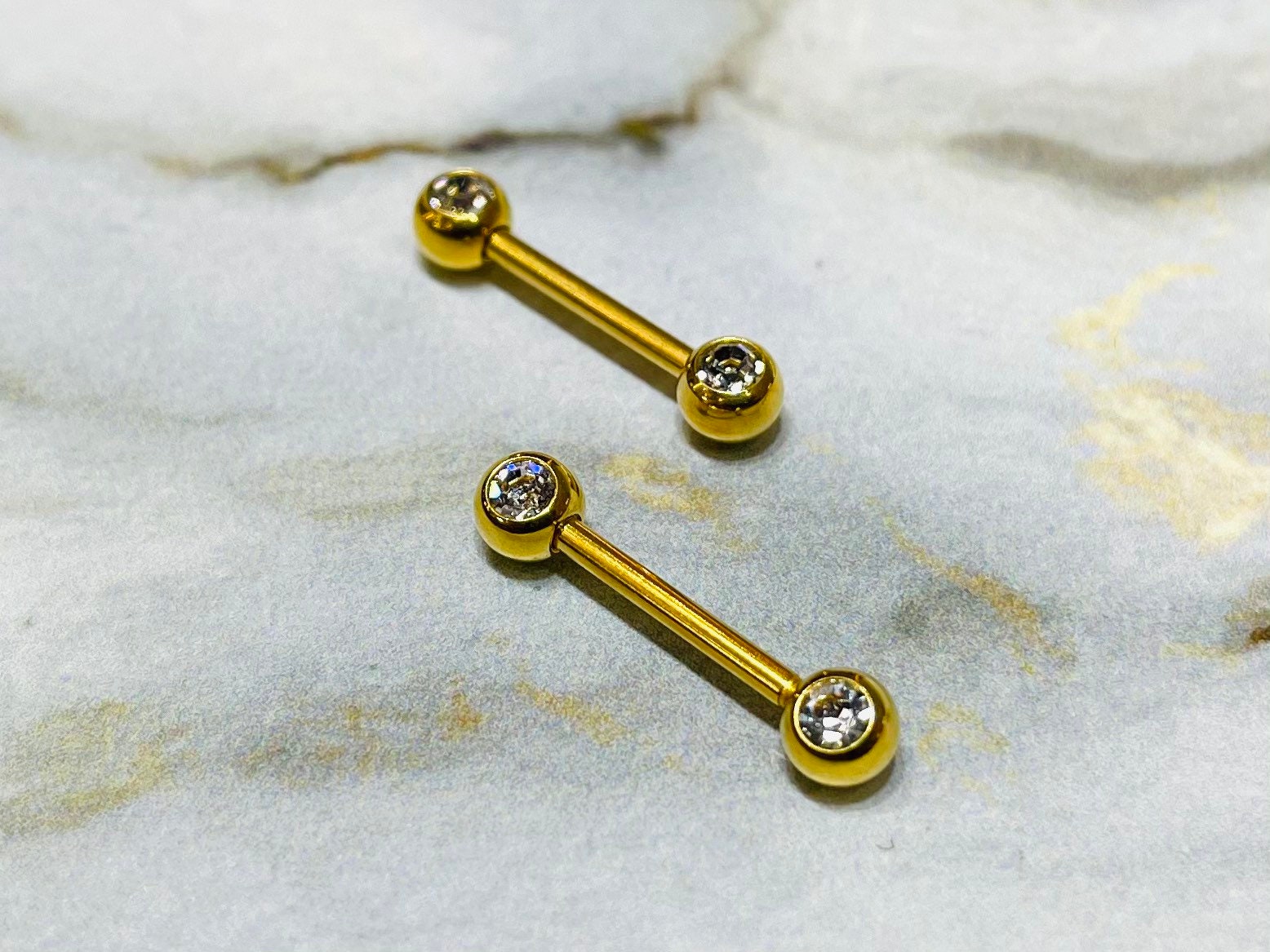 Pair of 14G Gold Bezel Clear Stone Nipple Barbells. Nipple Rings. Nipple Piercing. Nipple Jewelry.