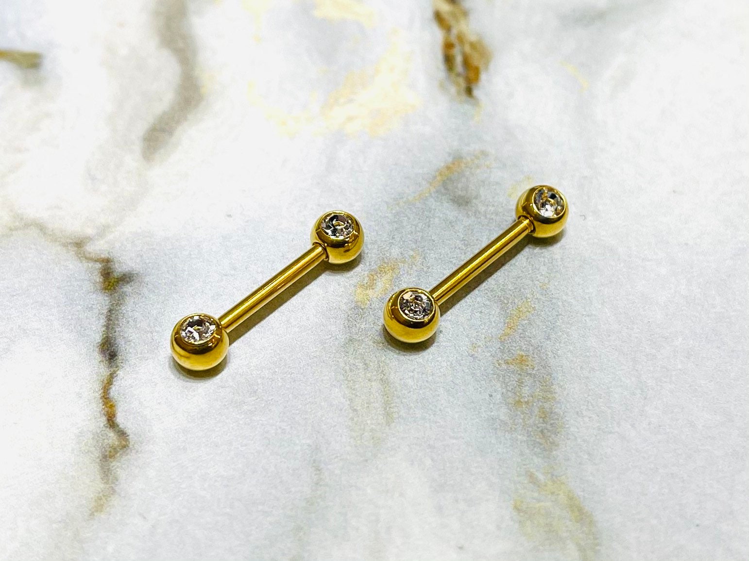 Pair of 14G Gold Bezel Clear Stone Nipple Barbells. Nipple Rings. Nipple Piercing. Nipple Jewelry.