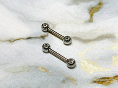 Pair of 14G Silver Bezel Clear Stone Nipple Barbells. Nipple Rings. Nipple Piercing. Nipple Jewelry.