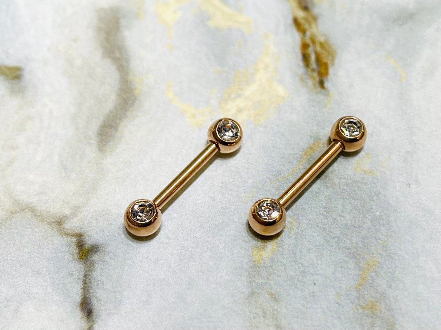 Pair of 14G Rose Gold Bezel Clear Stone Nipple Barbells. Nipple Rings. Nipple Piercing. Nipple Jewelry.