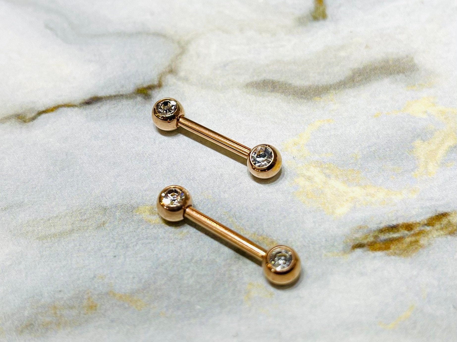 Pair of 14G Rose Gold Bezel Clear Stone Nipple Barbells. Nipple Rings. Nipple Piercing. Nipple Jewelry.